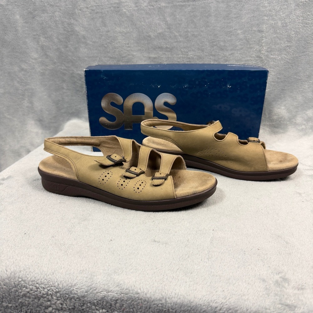 SAS Womens 9.5 N Tan Tripad Sandal Three-Buckle Slingback Leather Boho USA